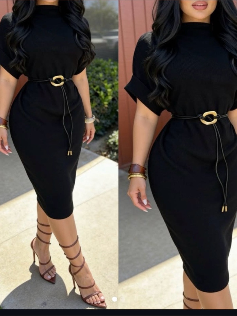 Fashion Nova Black Midi Dress with Gold Accent Belt